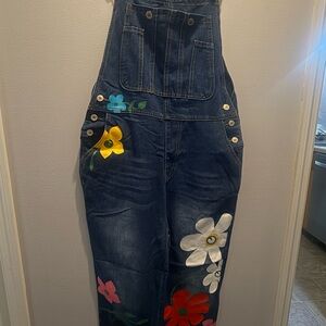 Floral Patched Denim Overalls